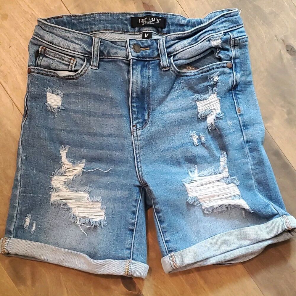 Judy Blue Mid Length Destroyed Denim Shorts - Stretchy M Medium Cuffed